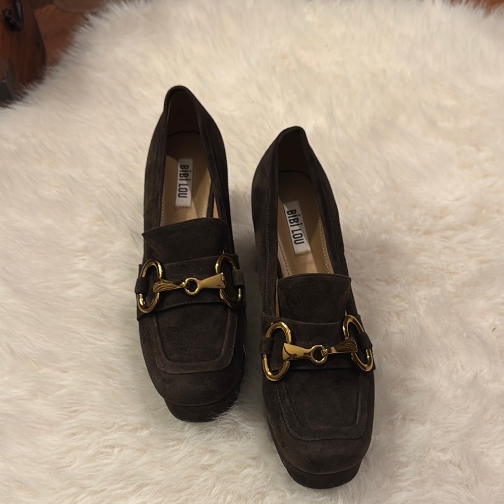 Bibi Lou Suede Platform Loafers with Gold Hardware